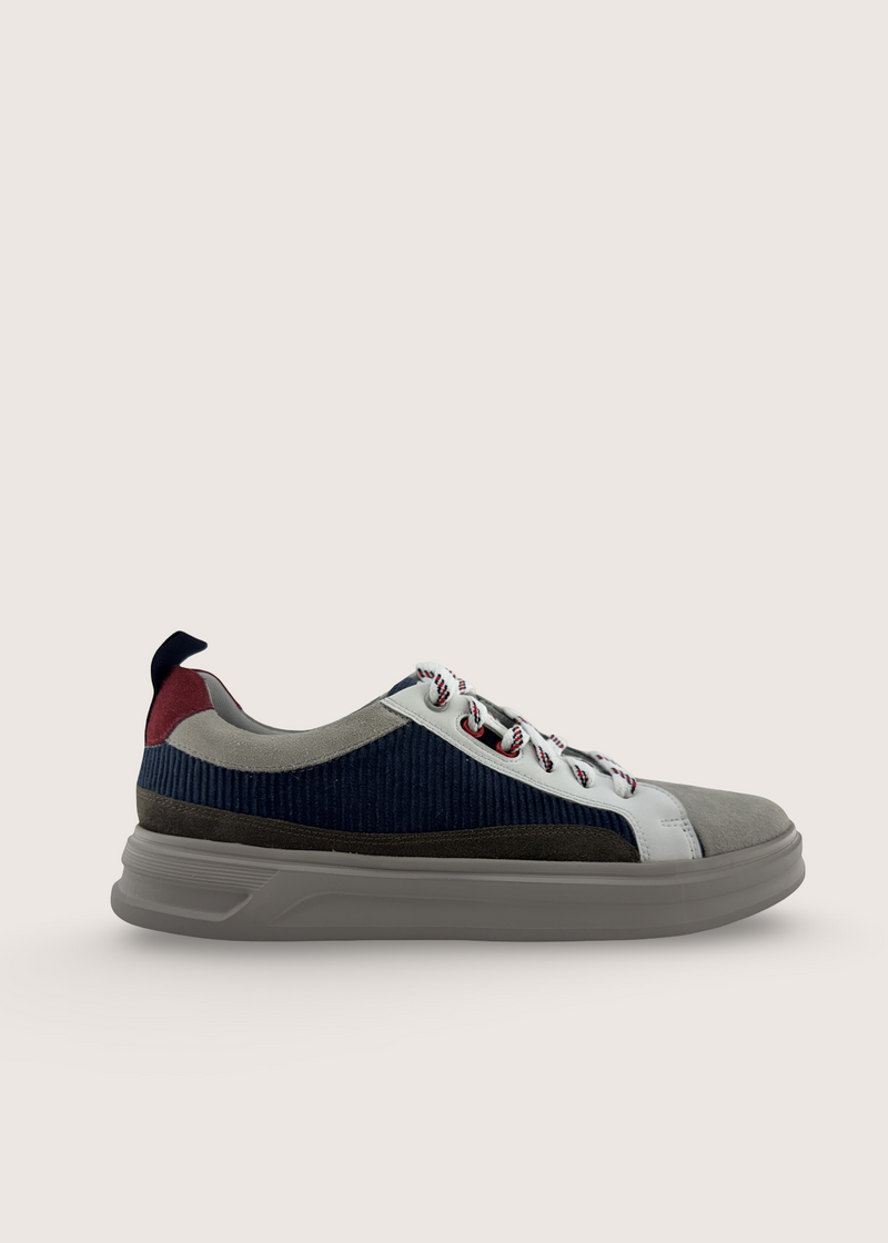 光 Men's Hikari in pumice and olive leather suede and deep blue cotton corduroy