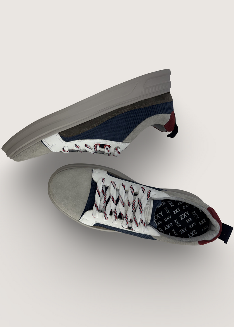 光 Men's Hikari in pumice and olive leather suede and deep blue cotton corduroy