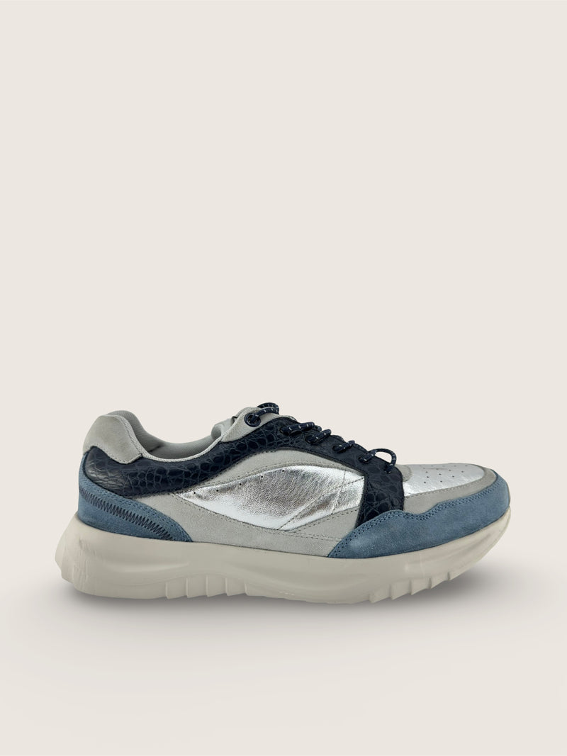海 Men's KAI in lagoon and pumice leather suede with silver crushed argentinian leather and deep navy croco leather