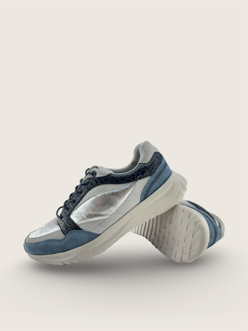 海 Men's KAI in lagoon and pumice leather suede with silver crushed argentinian leather and deep navy croco leather