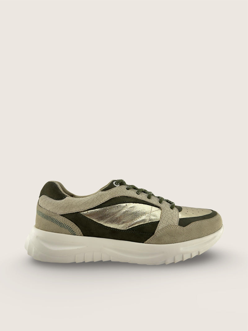 海 Men's KAI in beige leather suede with gold crushed argentinian leather and olive nubuck leather