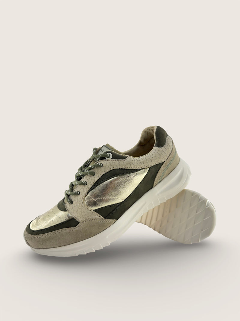 海 Men's KAI in beige leather suede with gold crushed argentinian leather and olive nubuck leather