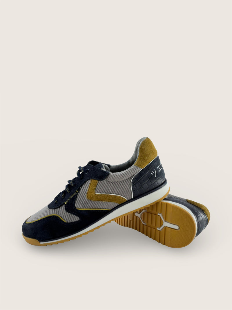 大阪 Men's Osaka in deep navy blue leather suede with light grey cotton corduroy