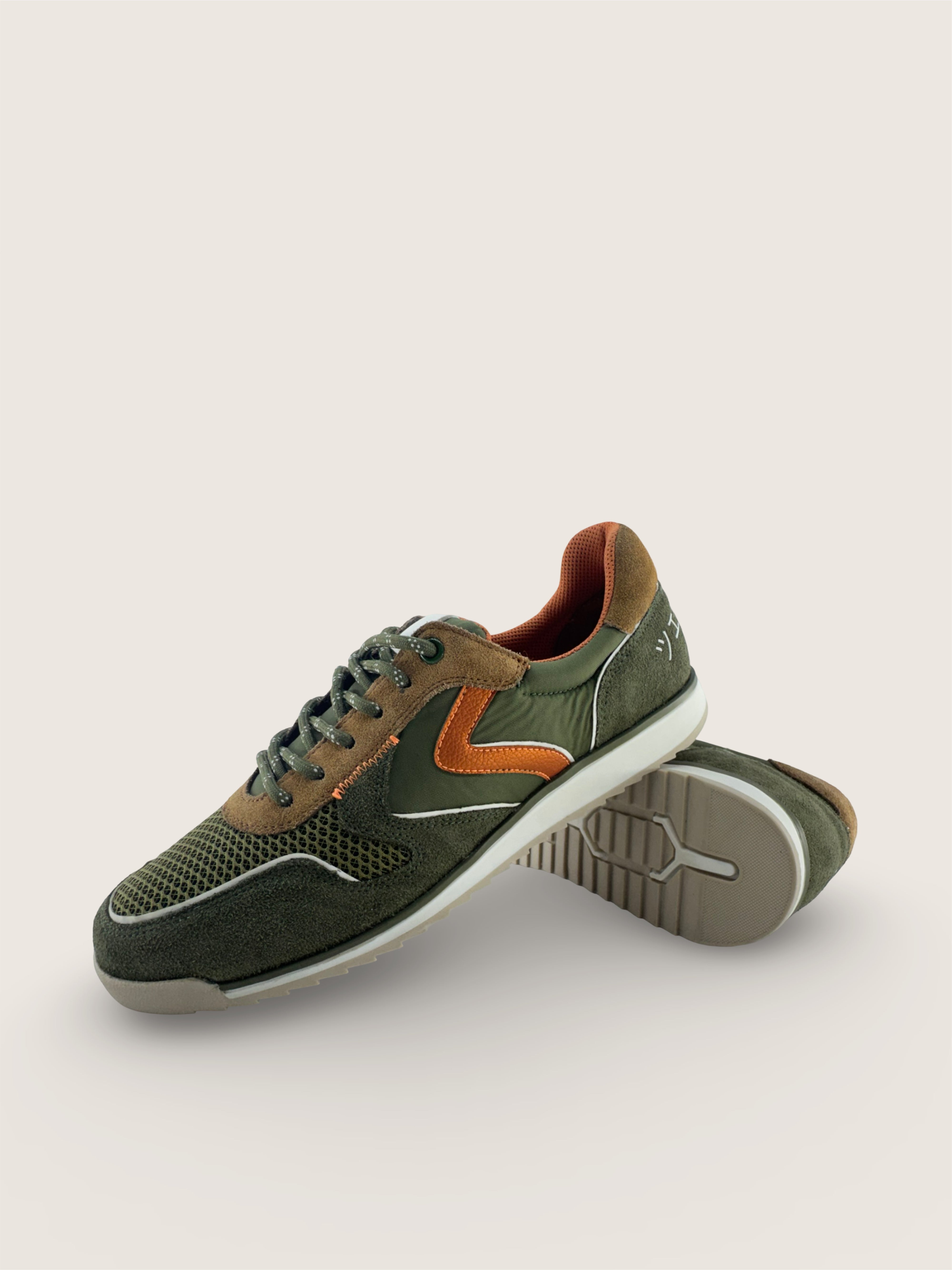 大阪 Men's OSAKA  in olive and burnt orange leather suede with olive technical textiles