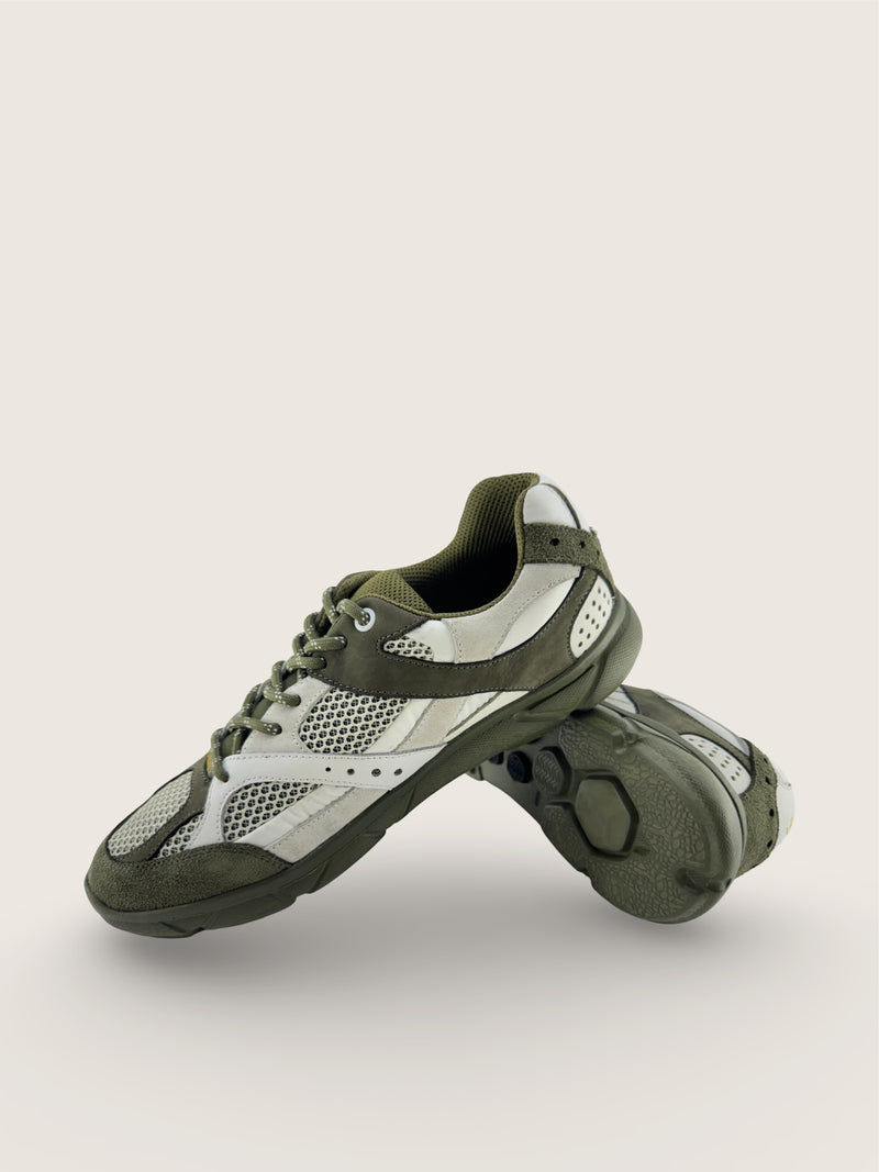 富士 Men's FUJI in olive leather nubuck with silver white technical mesh panels